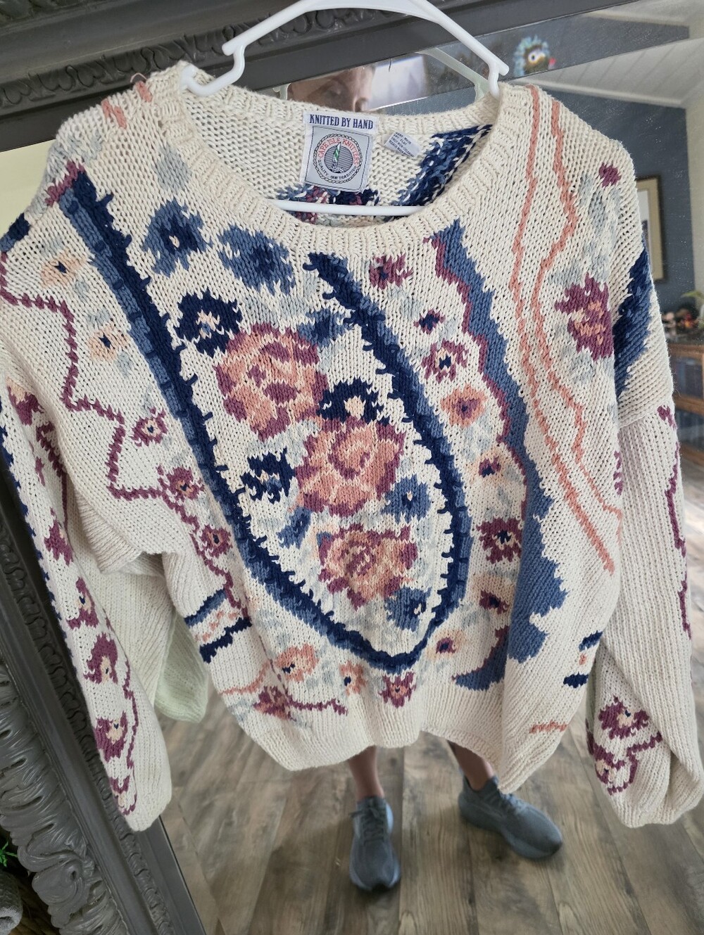 Knitted Cream Floral Crewneck Sweater with Multicolor Pattern